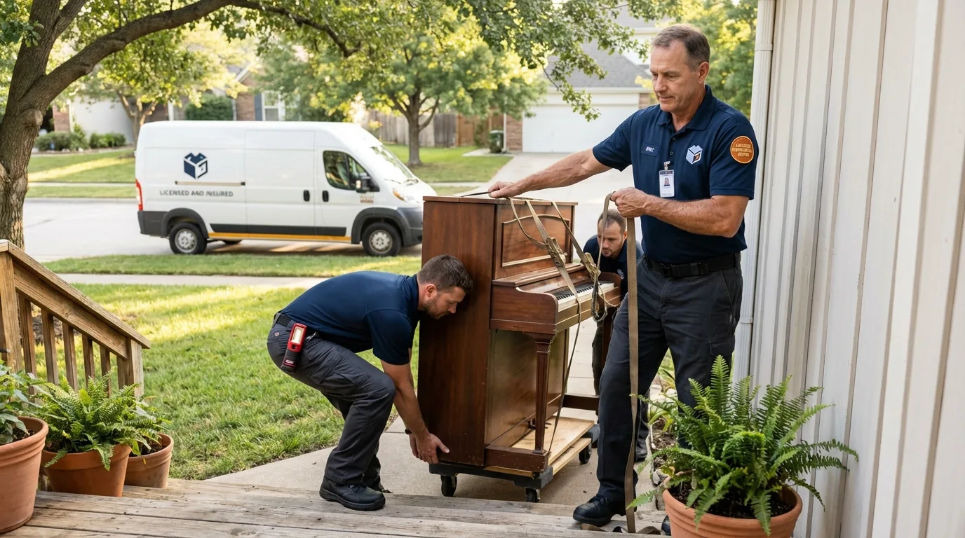 Licensed piano movers securing grand piano in Cloverdale, VA