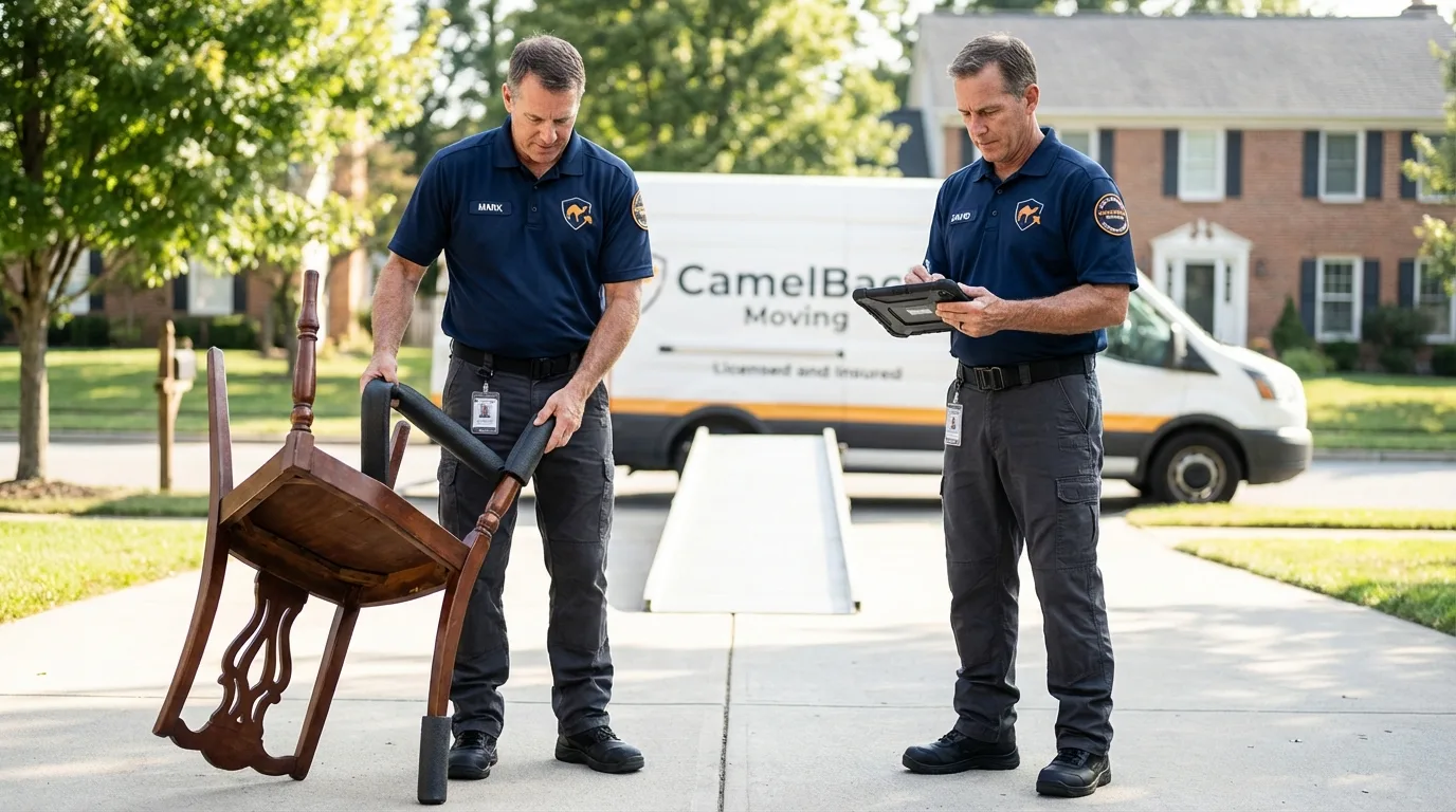 Movers inspecting furniture for damage prevention before loading in Cloverdale, VA