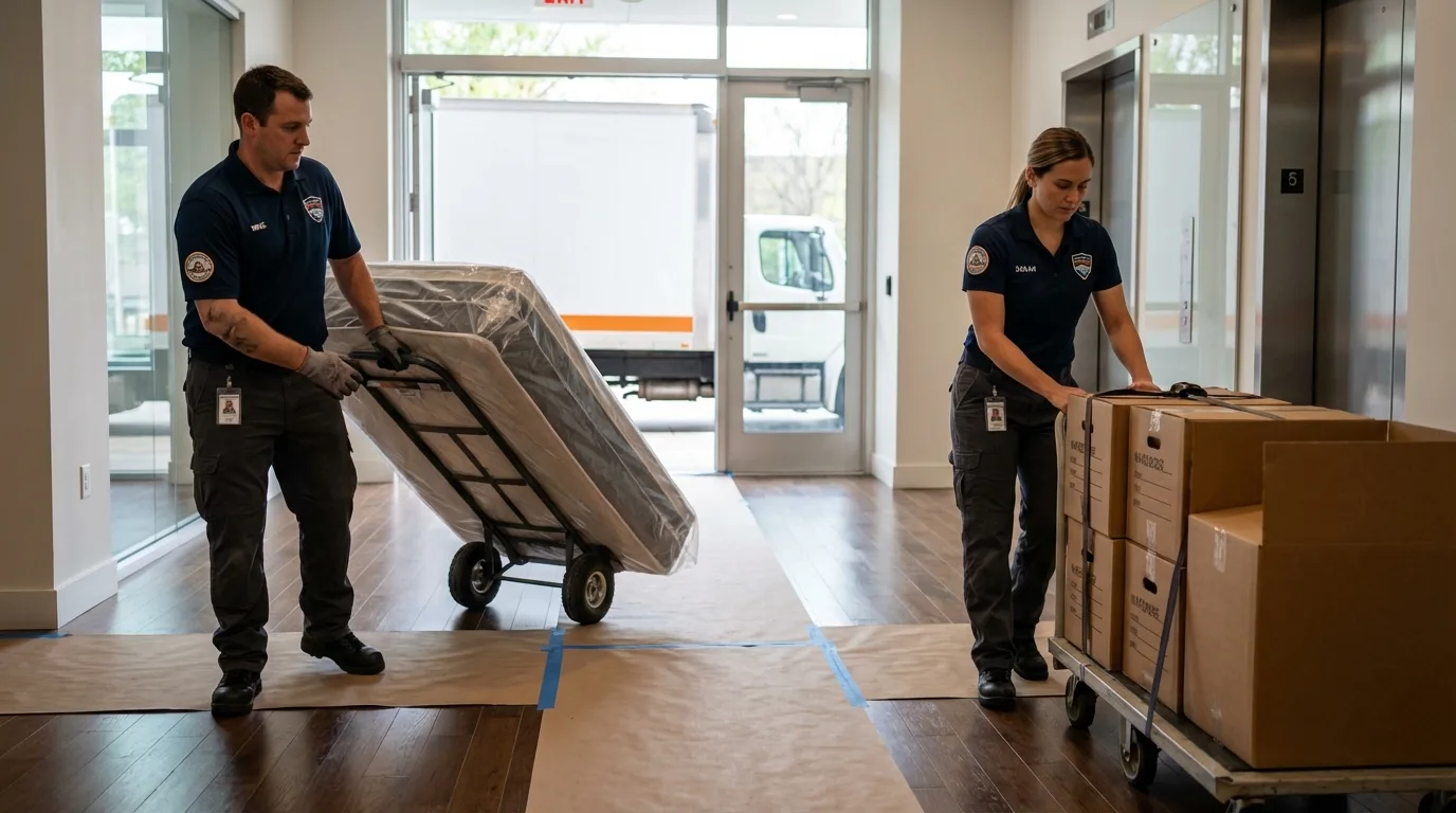 Professional apartment movers loading elevator in Cloverdale, VA